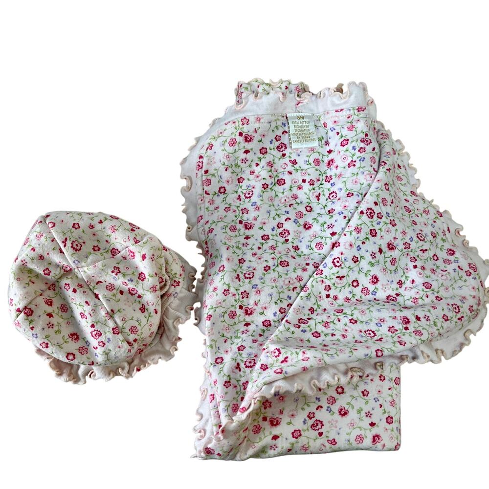 Newborn Pink Floral Receiving Blanket & Matching Hat Cotton 3 Mo. Ruffled Edge